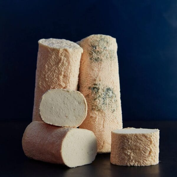 Various artisanal cheeses on dark background
