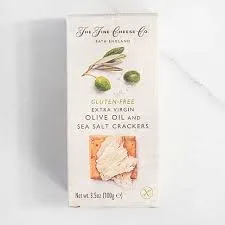 Gluten-free olive oil and sea salt crackers packaging