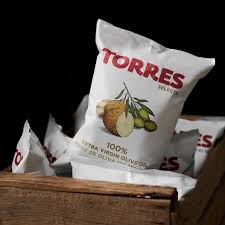 Torres olive oil potato chips in wooden crate