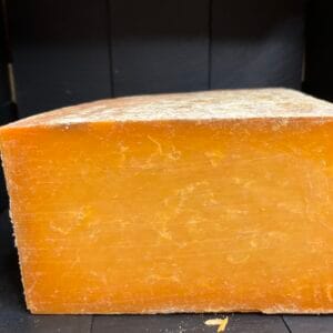 Large wedge of orange cheddar cheese on black background