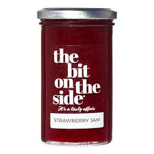 Strawberry jam jar labeled 'The Bit on the Side'