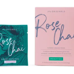 Rose Chai tea packaging with teal sachet and pink box