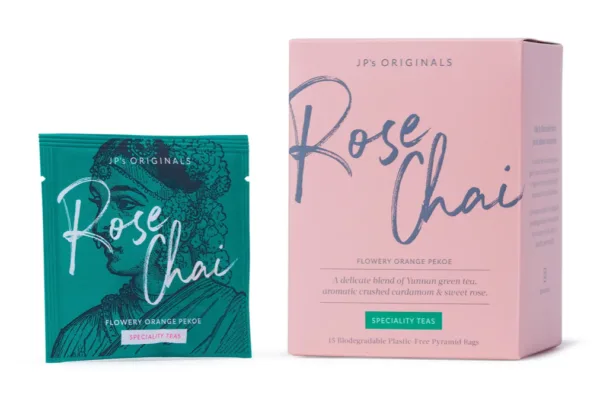 Rose Chai tea packaging with teal sachet and pink box