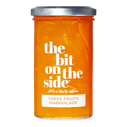 Jar of three fruits marmalade labeled 'The Bit on the Side.'