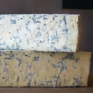 Close-up of blue cheese with visible mold veins
