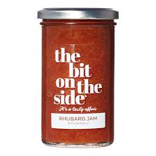 Jar of rhubarb jam labeled 'The Bit on the Side'