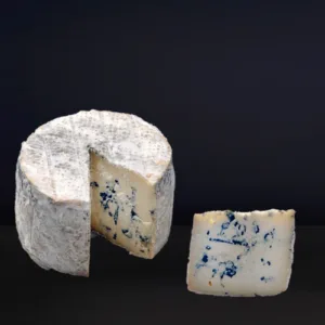Blue cheese wheel and slice on dark background