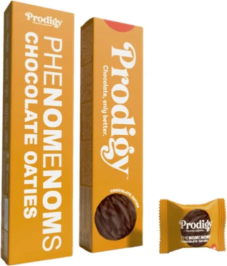 Prodigy chocolate bars and oatie snack packaging
