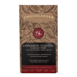 Chocolarder dark chocolate bar with cinnamon toasted cacao nibs