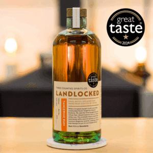 Award-winning Landlocked molasses rum bottle on table