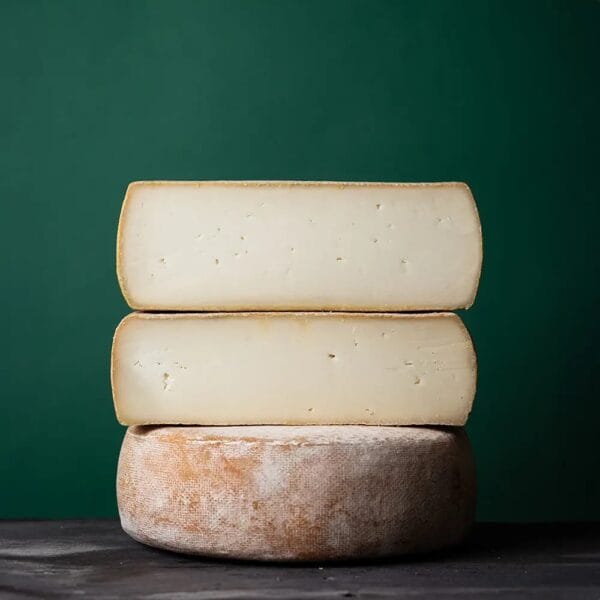 Stacked artisan cheese wheels against green background
