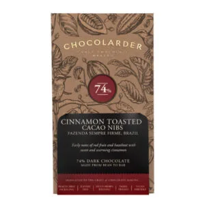 Chocolarder 74% dark chocolate bar with cinnamon toasted cacao nibs