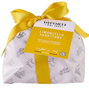Limoncello Panettone wrapped with yellow ribbon
