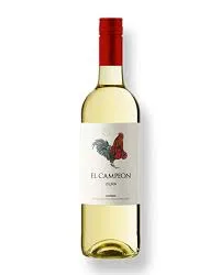 Bottle of El Campeon white wine with rooster label