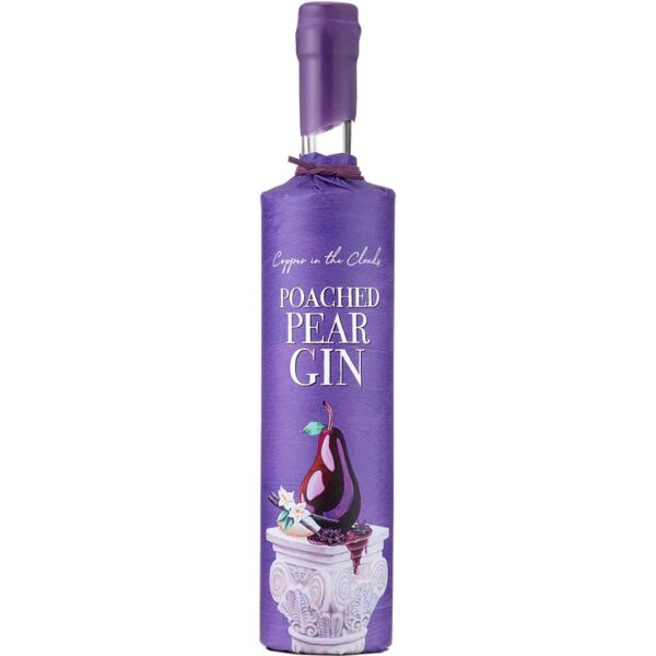 Purple Poached Pear Gin bottle with decorative label