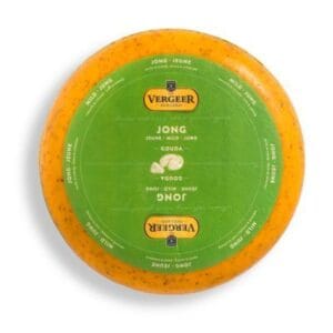 Whole Vergeer Jong Gouda cheese wheel with label