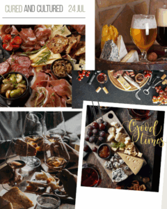 Assorted cheese and charcuterie boards with wine and beer