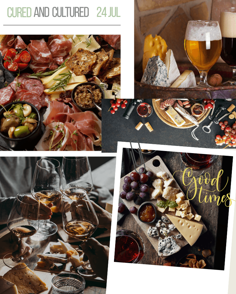 Assorted cheese and charcuterie boards with wine and beer