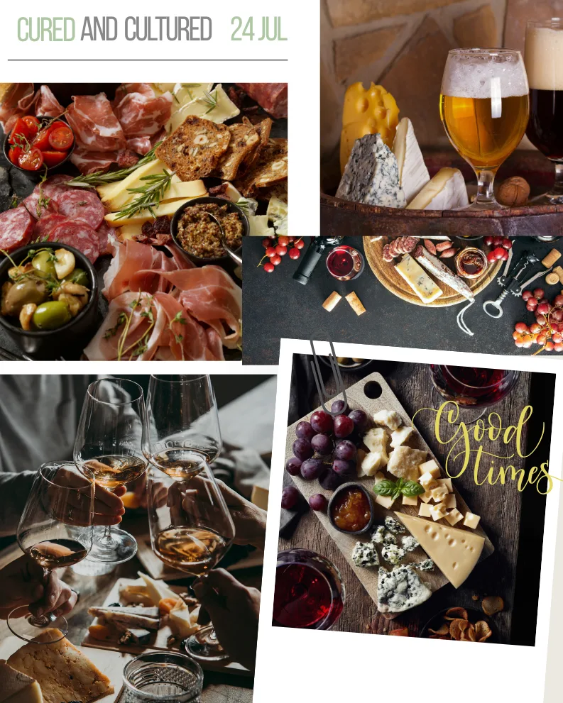 Assorted cheese and charcuterie boards with wine and beer