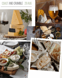 Assorted cheeses, bread, wine, and beer on elegant tables