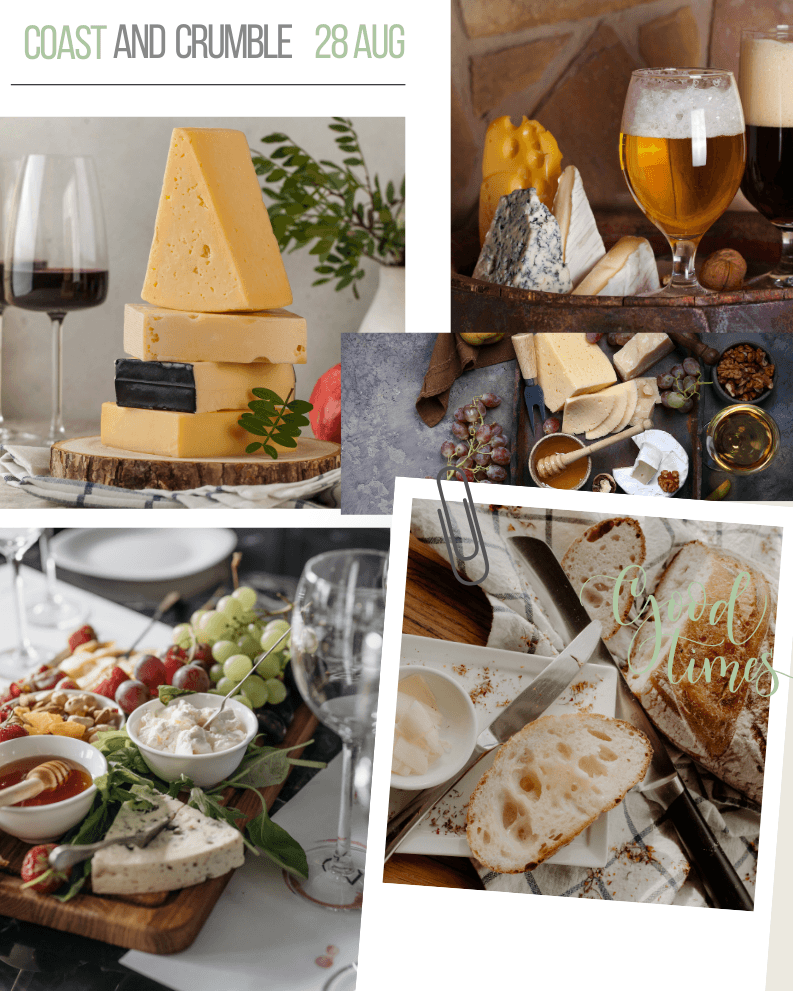 Assorted cheeses, bread, wine, and beer on elegant tables