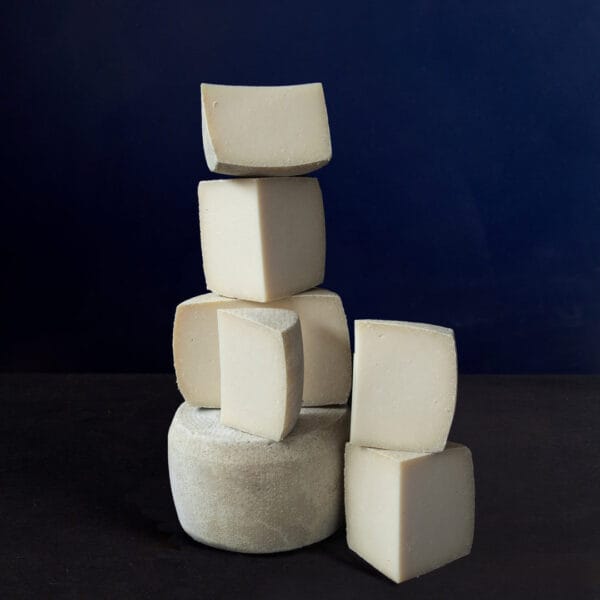 Stacked artisanal cheese blocks against dark blue background
