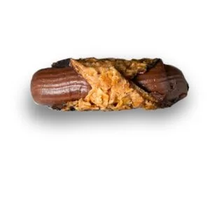 Chocolate covered flapjack bar isolated on white background.