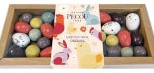 Easter chocolate eggs and packaging in wooden box