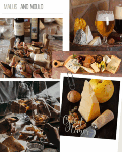 Assorted gourmet cheeses and wines setup