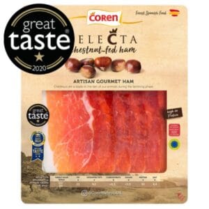 Packaged Coren Electa chestnut-fed artisan gourmet ham.