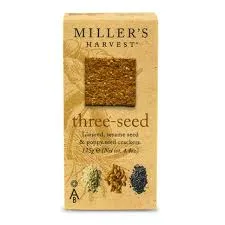 Miller's Harvest three-seed crackers packaging