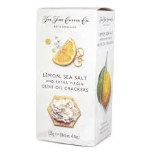 Lemon, sea salt, and olive oil crackers packaging