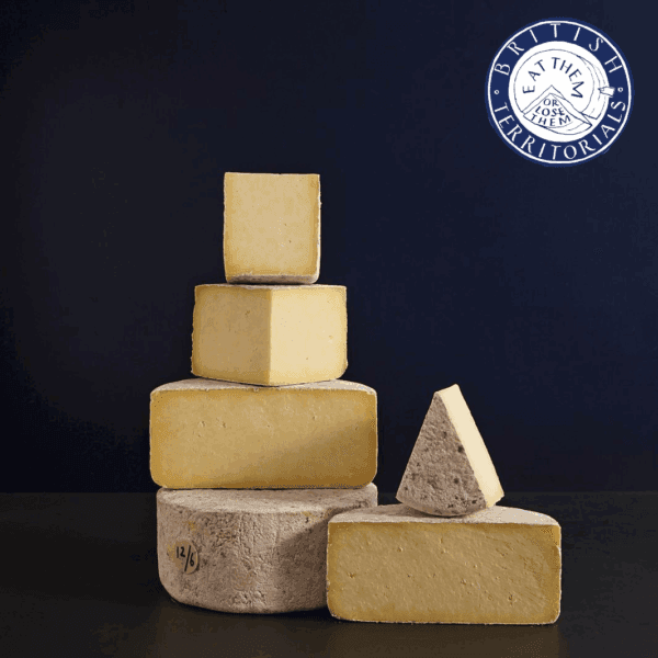 Stack of British artisanal cheeses on dark background