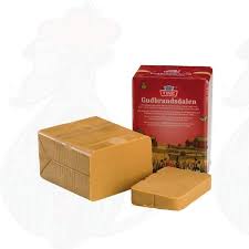 Gouda cheese blocks with red packaging