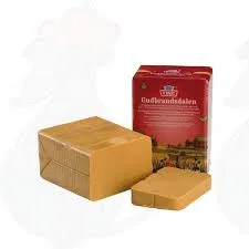 Gouda cheese blocks with red packaging
