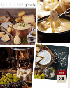 Collage of fondue setups with cheese and dipping items