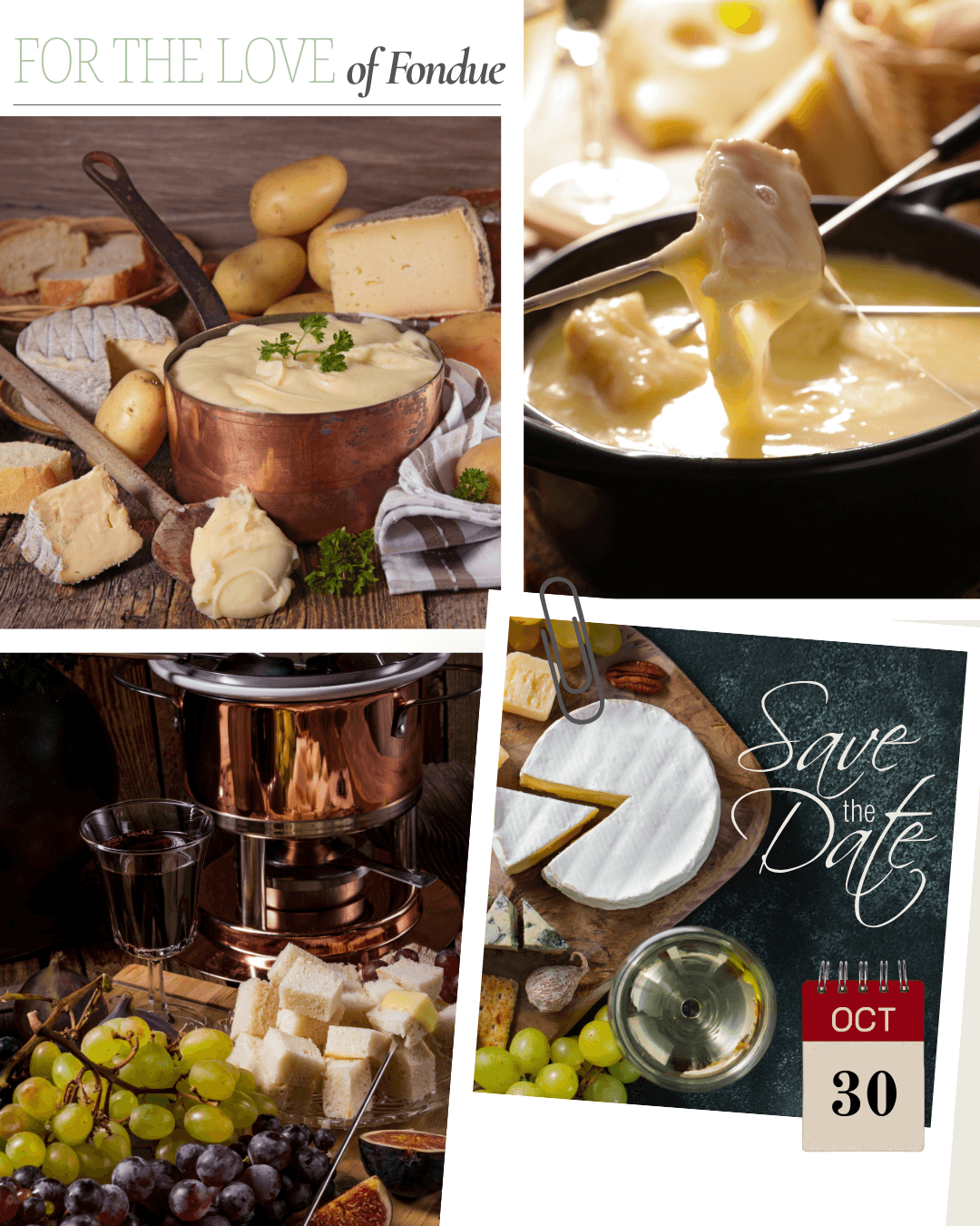 Collage of fondue setups with cheese and dipping items