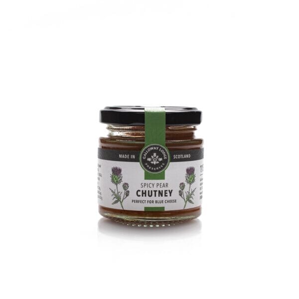 Spicy pear chutney jar with Scottish branding