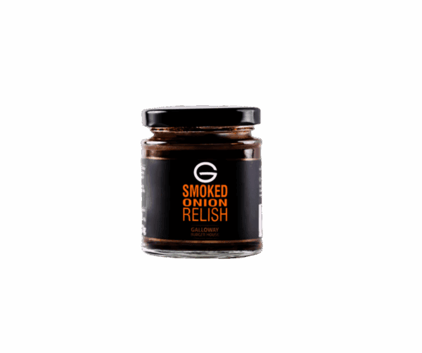 Jar of Galloway smoked onion relish on dark background