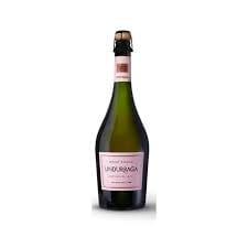 Bottle of pink label champagne isolated on white background