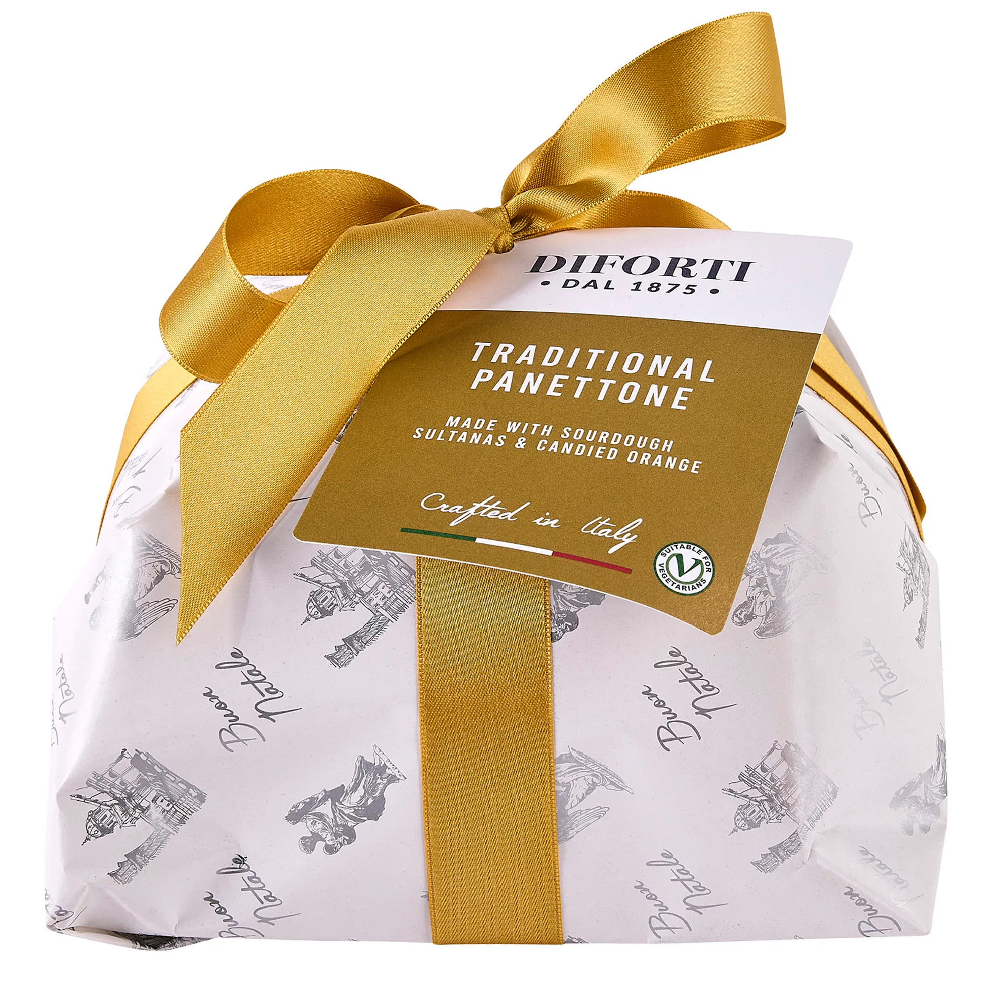 Traditional Italian Panettone with golden ribbon and label
