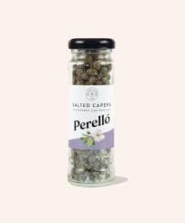 Jar of Perelló salted capers on plain background
