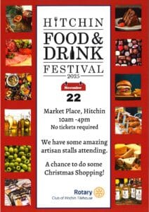 Hitchin Food & Drink Festival 2025 poster with dates and images.