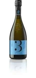 Blue label sparkling wine bottle on white background