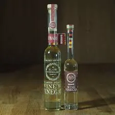 Two bottles of gourmet wine vinegar on table