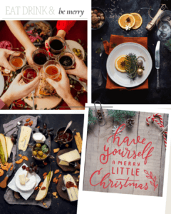 Christmas food collage with drinks, cheese board and festive table setting