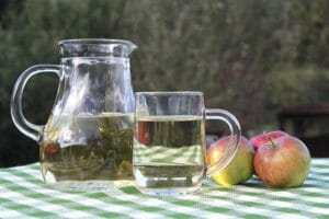 Glass jug and cup of apple juice outdoors
