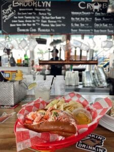 Lobster roll and crisps at Brooklyn Crab bar